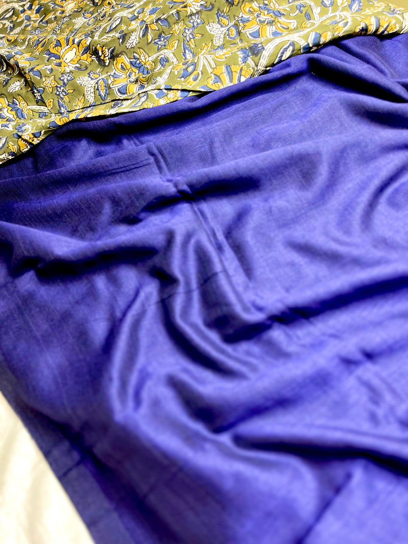 Khadi Cotton Saree - Persian Blue + Olive Green