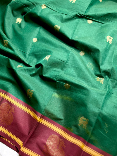 Kanchi Cotton Saree - Bottle Green  + Dark Burgundy
