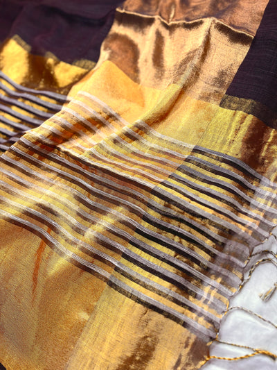 Handwoven Linen Saree - Coco Brown + Gold