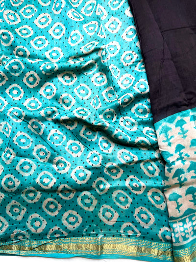 Handblock Printed Silk Cotton Saree - Charcoal Black + Pacific Green