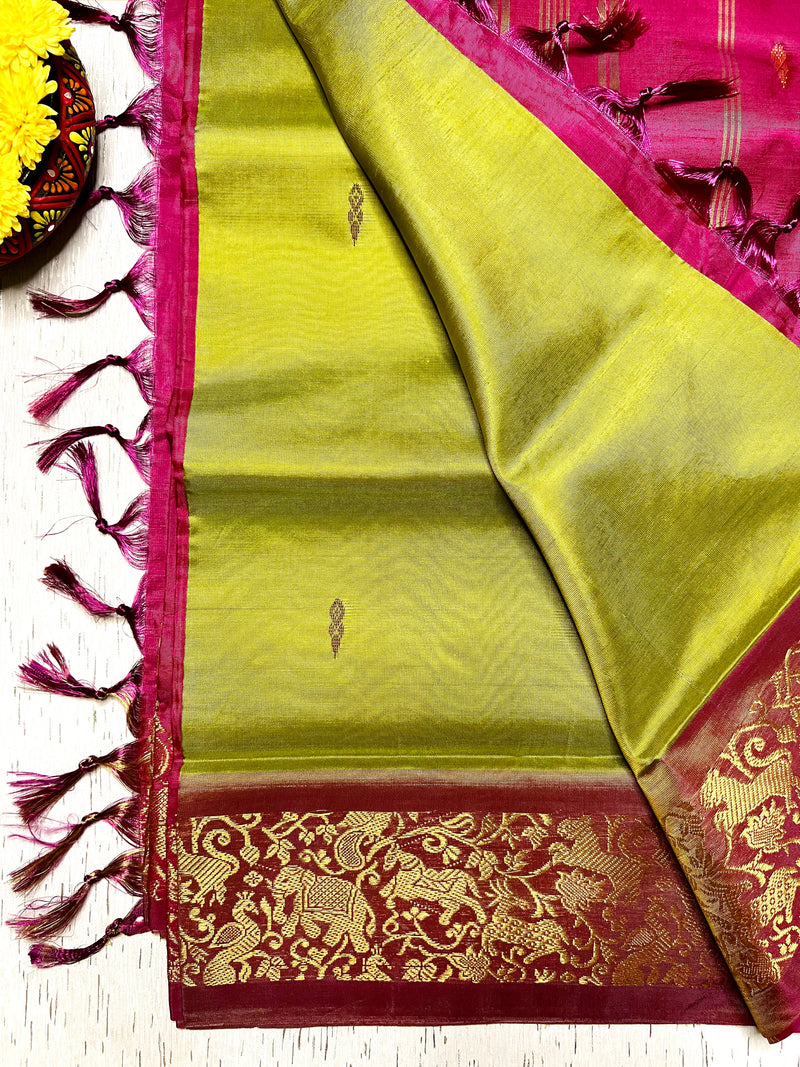 Handwoven Art Silk Saree -  Lime Green + Cerise Pink