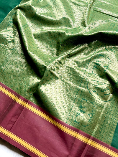 Kanchi Cotton Saree - Bottle Green  + Dark Burgundy