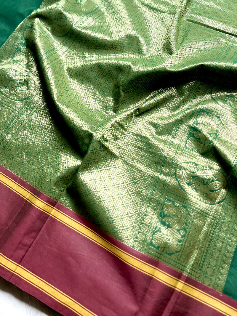 Kanchi Cotton Saree - Bottle Green  + Dark Burgundy