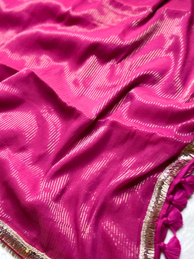 Handwoven Cotton Saree - Cerise Pink + Gold