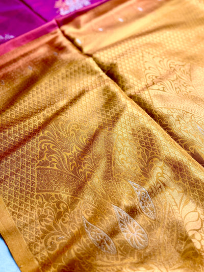Soft Silk Saree  - Cerise Red + Golden Bell