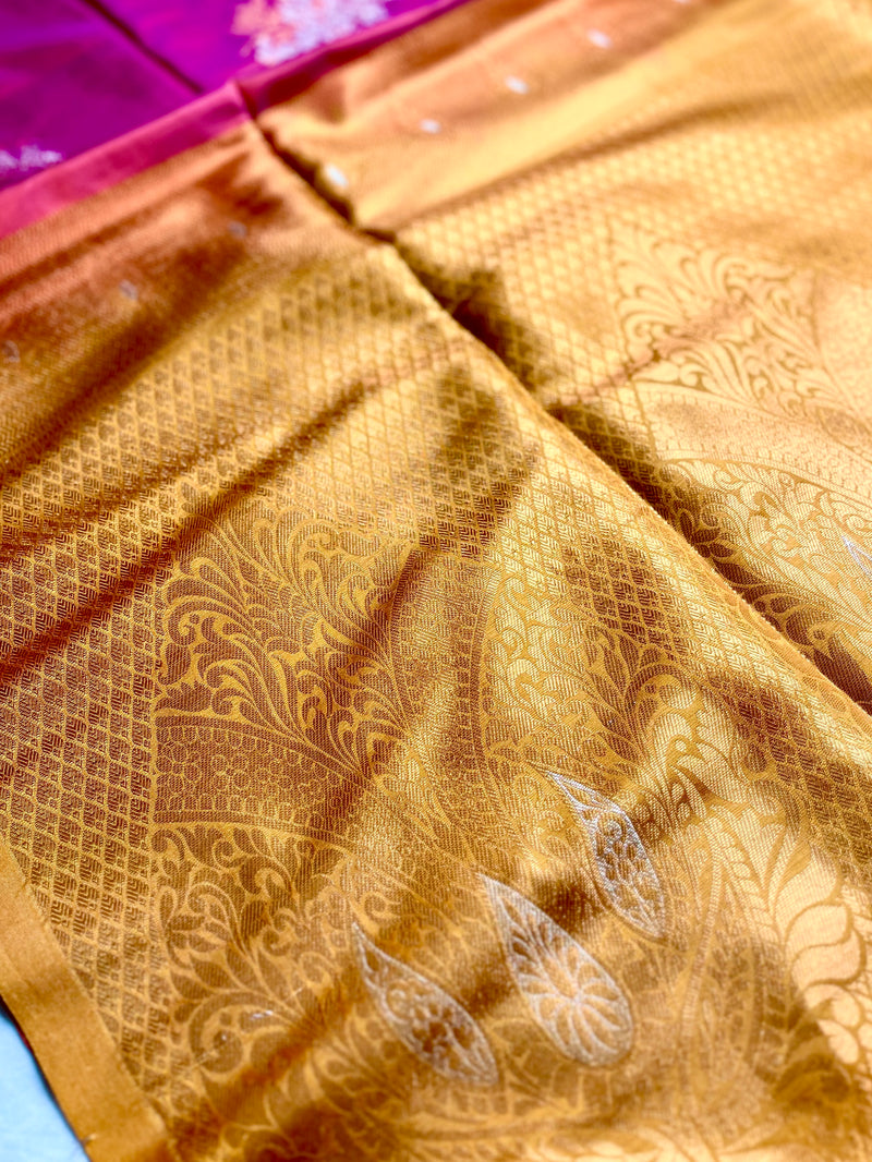 Soft Silk Saree  - Cerise Red + Golden Bell