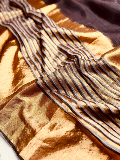 Handwoven Linen Saree - Coco Brown + Gold