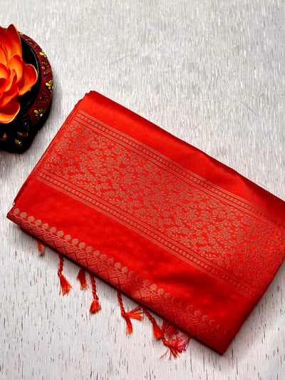 Soft Silk Saree  - Spicy Red + Gold