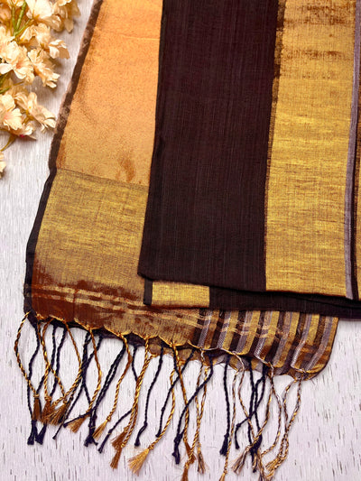 Handwoven Linen Saree - Coco Brown + Gold