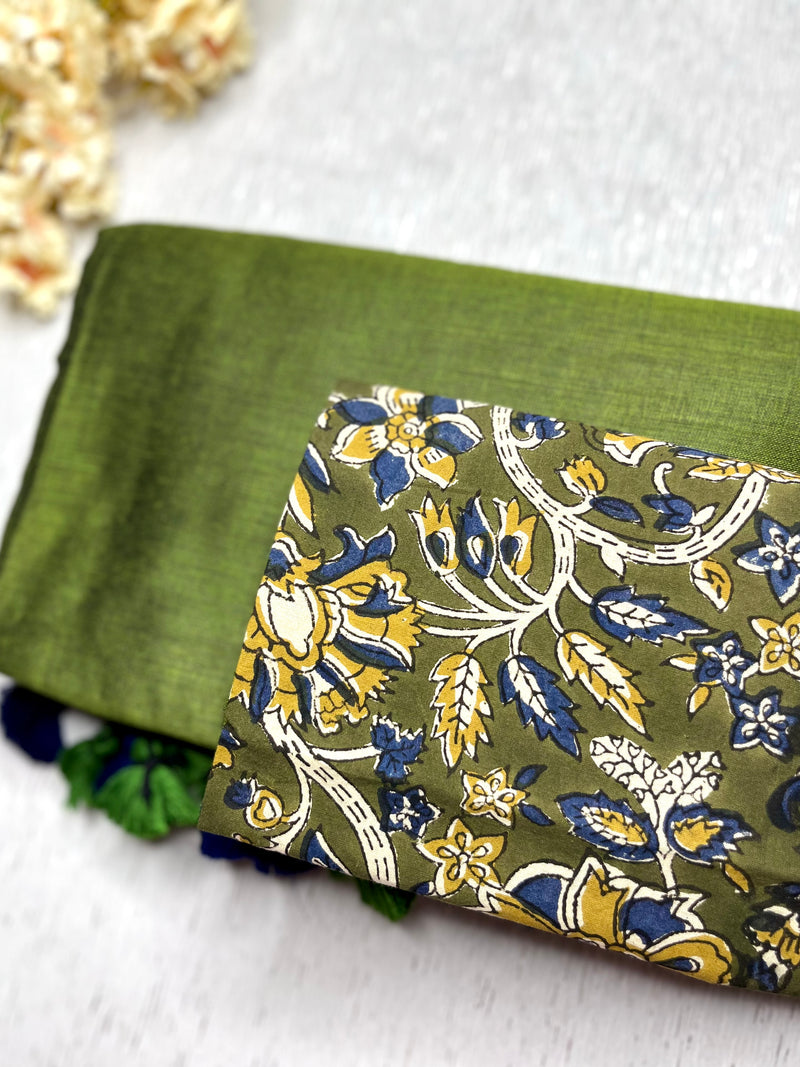 Khadi Cotton Saree - Persian Blue + Olive Green