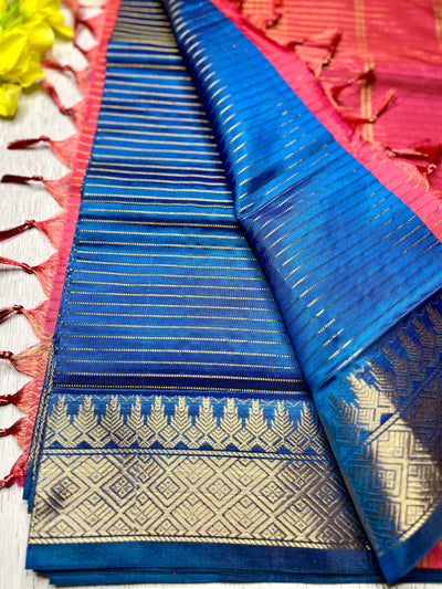 Handwoven Art Silk Saree -  Fun Blue +Thunderbird Red