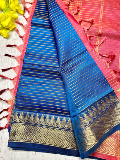 Handwoven Art Silk Saree -  Fun Blue +Thunderbird Red