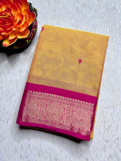 Chettinad Cotton Saree - Pumpkin Orange Yellow + Cerise Pink