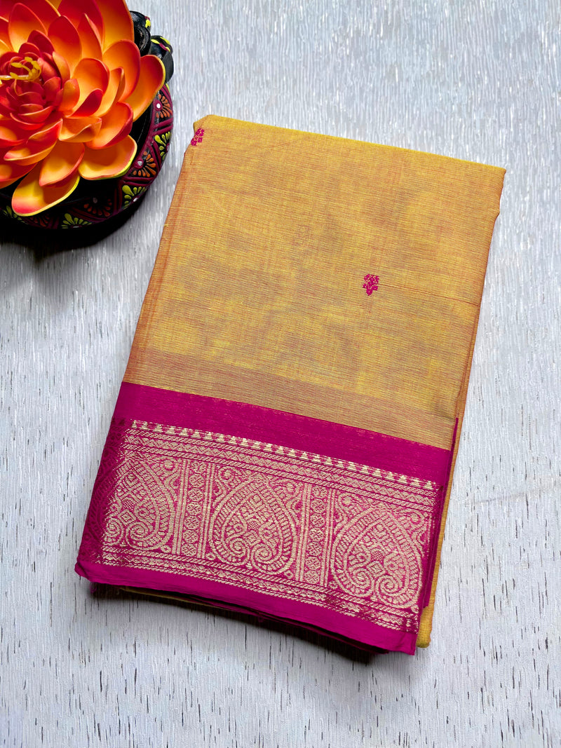 Chettinad Cotton Saree - Pumpkin Orange Yellow + Cerise Pink