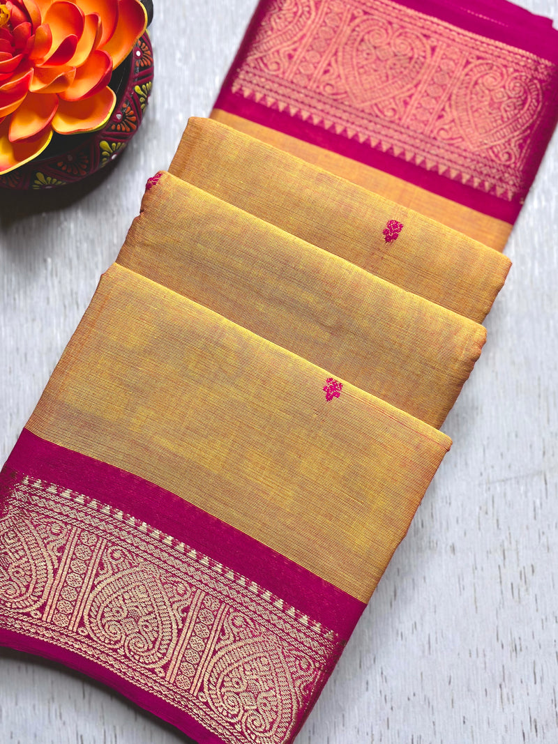 Chettinad Cotton Saree - Pumpkin Orange Yellow + Cerise Pink