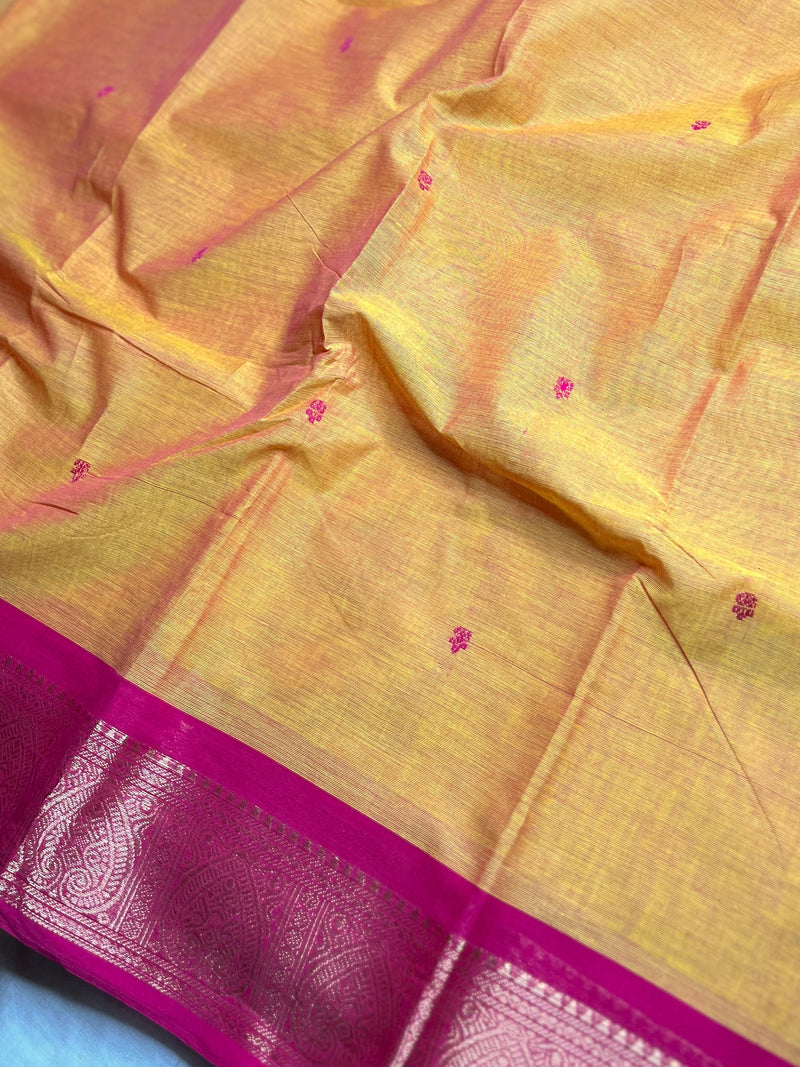 Chettinad Cotton Saree - Pumpkin Orange Yellow + Cerise Pink