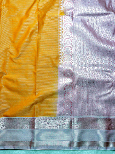 Soft Silk Saree  - Fire Yellow + Silver Gray