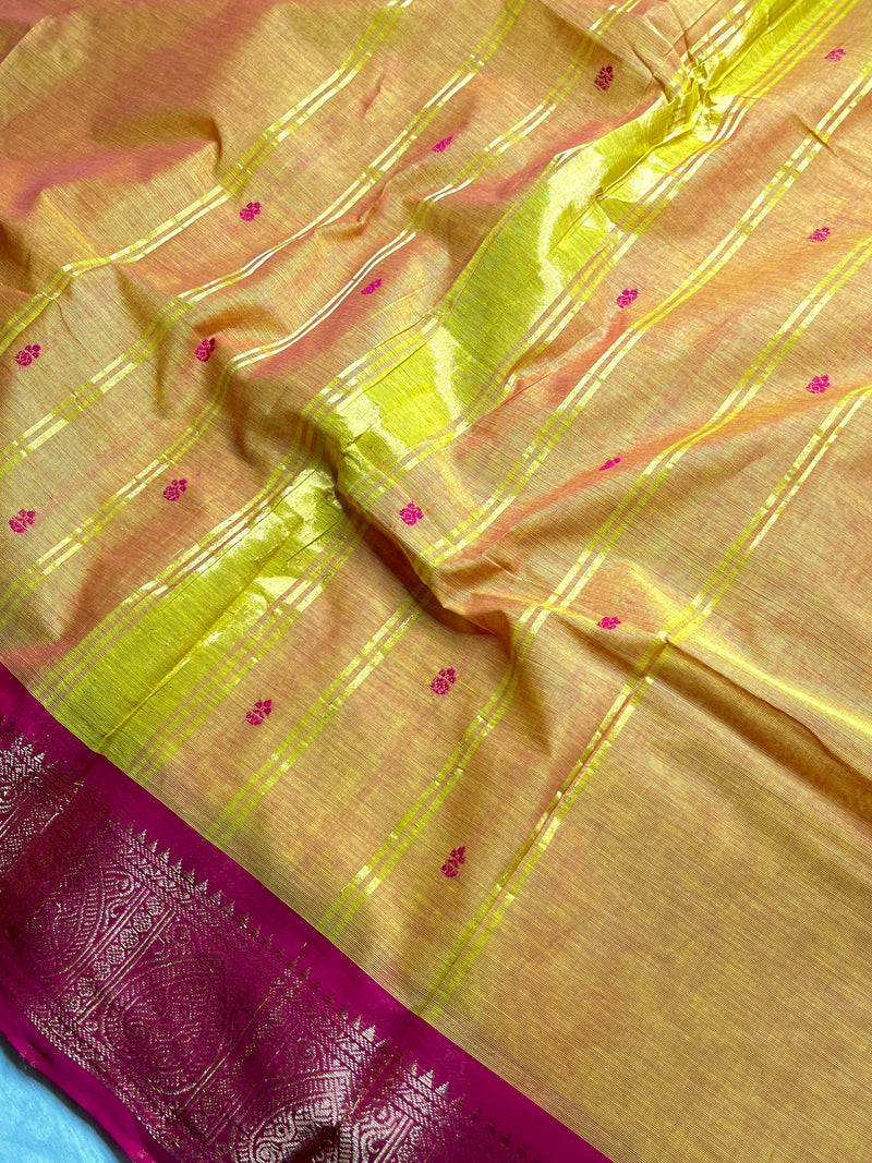 Chettinad Cotton Saree - Pumpkin Orange Yellow + Cerise Pink