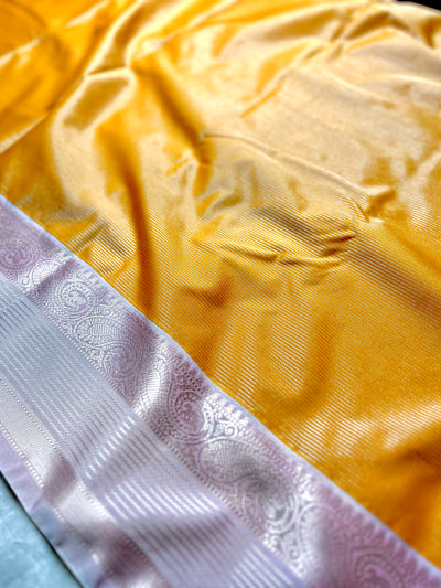 Soft Silk Saree  - Fire Yellow + Silver Gray