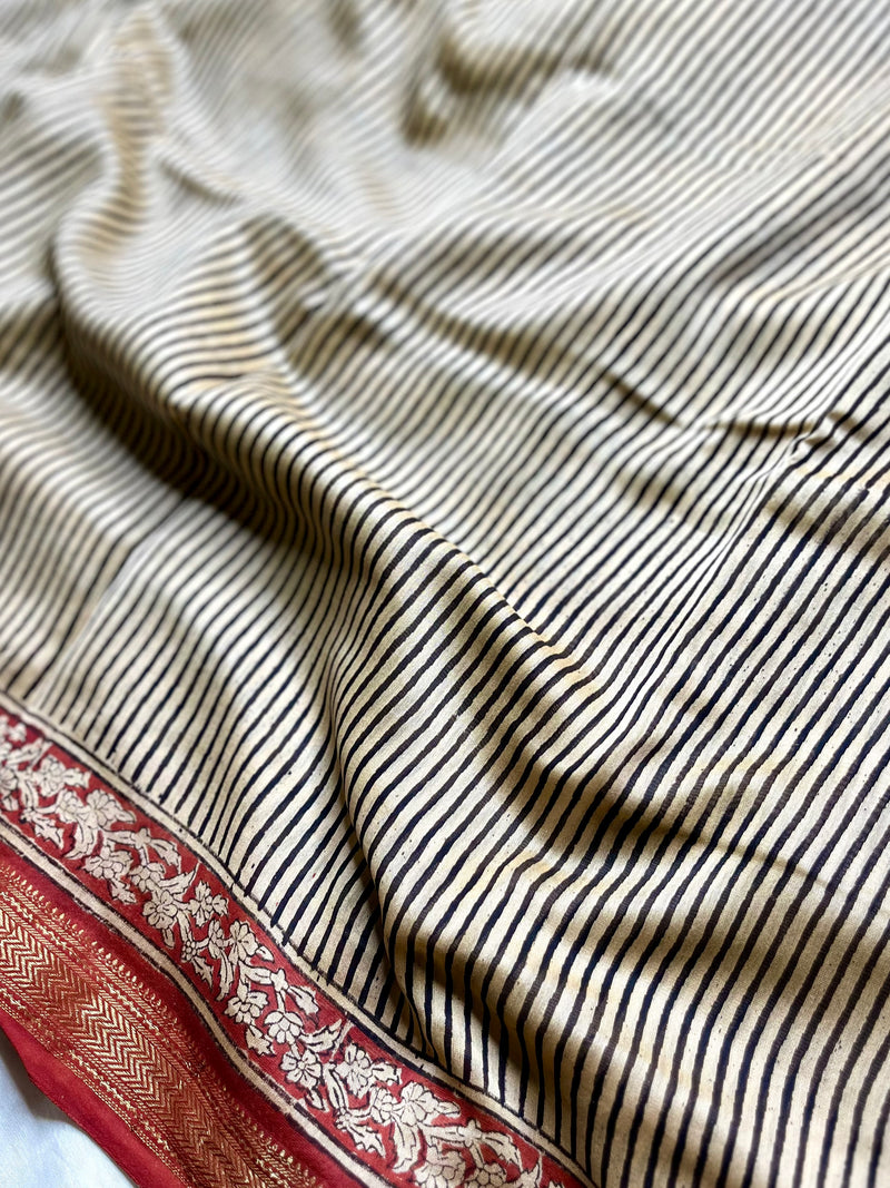 Handblock Printed Silk Cotton Saree - Thunderbird Red + Soft Peach