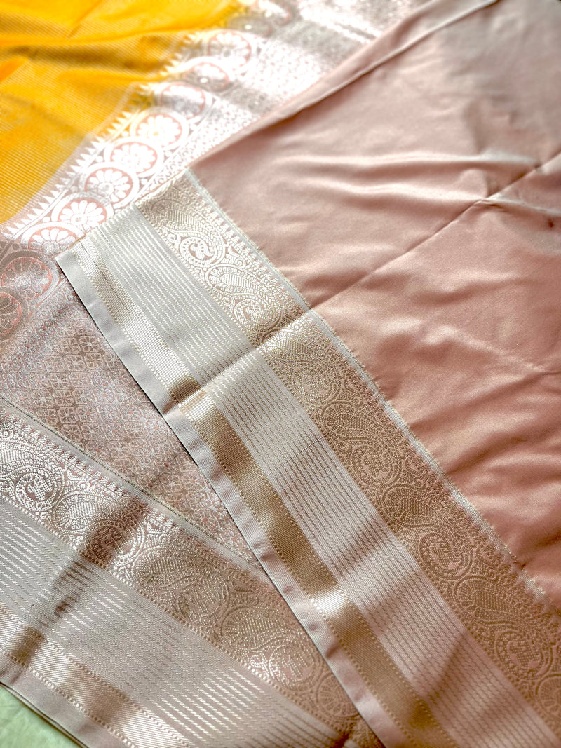 Soft Silk Saree  - Fire Yellow + Silver Gray