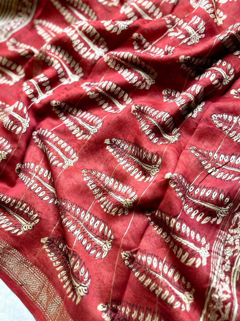 Handblock Printed Silk Cotton Saree - Thunderbird Red + Soft Peach