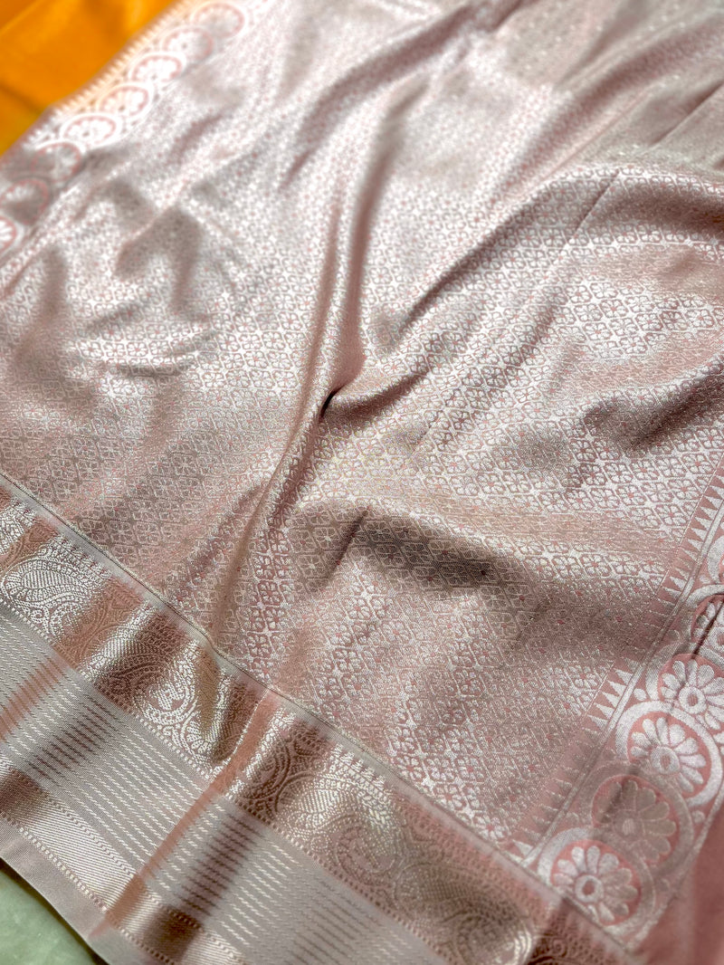Soft Silk Saree  - Fire Yellow + Silver Gray