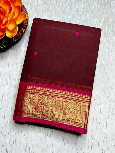 Chettinad Cotton Saree - Deep Brown + Brilliant Rose