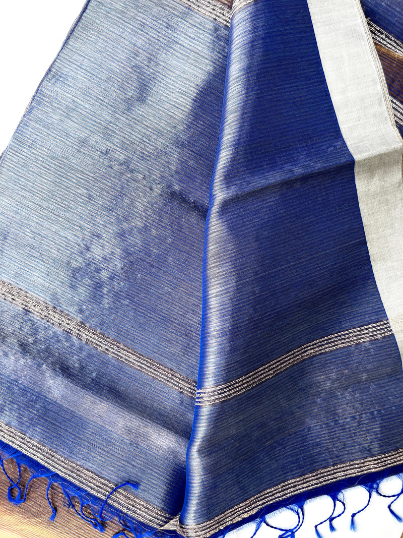 Handwoven Maheshwari Silk Tissue Saree - Metallic Bronze + Blue Zodiac