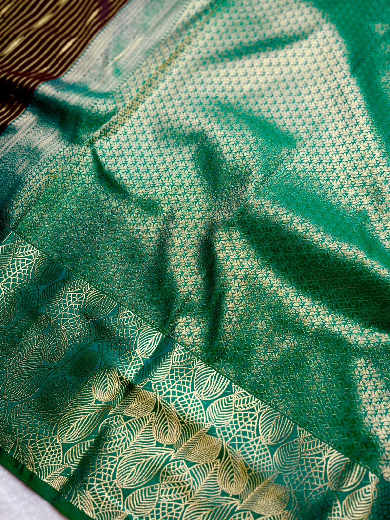 Soft Silk Saree  - Livid Brown + Caribbean Green