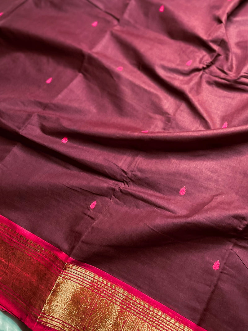 Chettinad Cotton Saree - Deep Brown + Brilliant Rose