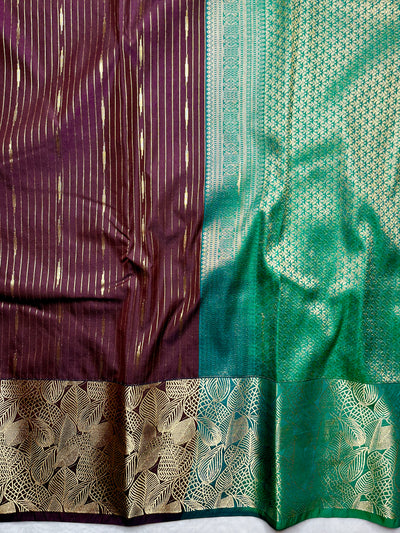 Soft Silk Saree  - Livid Brown + Caribbean Green