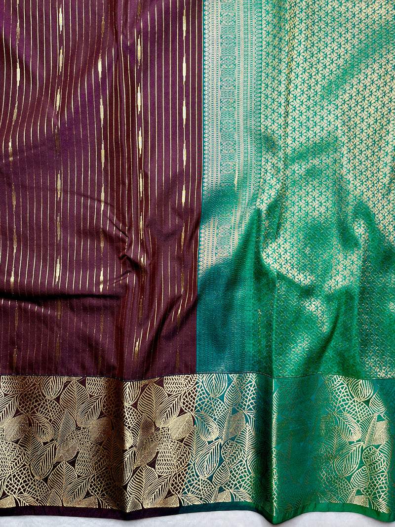 Soft Silk Saree  - Livid Brown + Caribbean Green