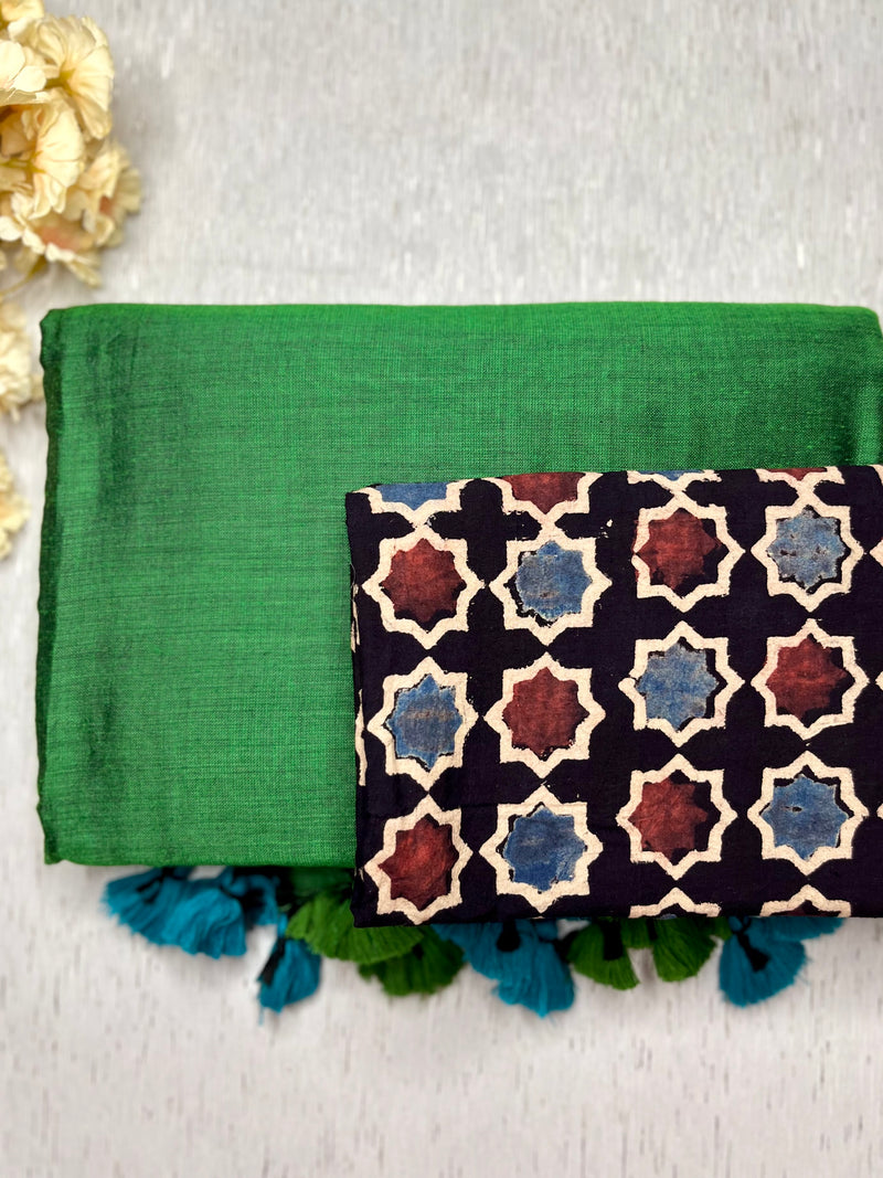 Khadi Cotton Saree - Teal Blue + Ocean Green