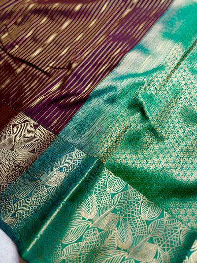 Soft Silk Saree  - Livid Brown + Caribbean Green