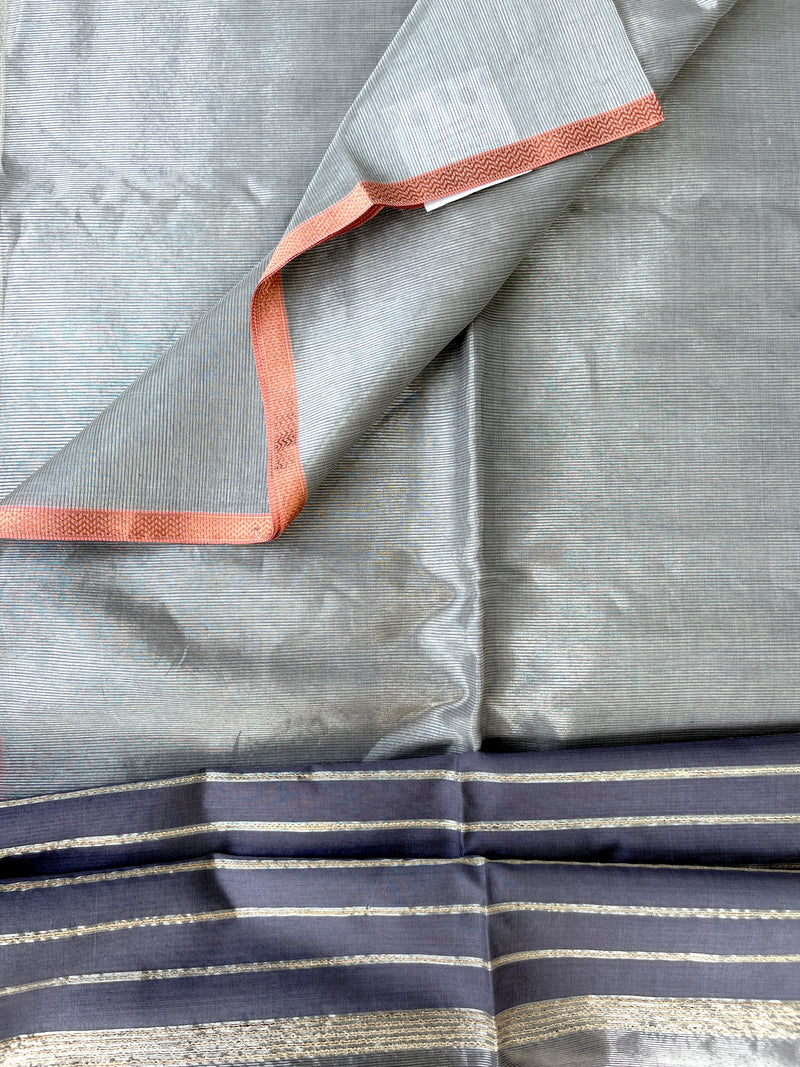 Handwoven Maheshwari Silk Tissue Saree - Silver & Storm Gray