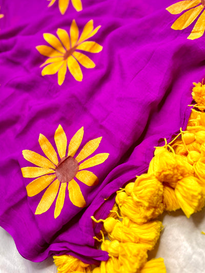 Hand Painted Cotton Saree - Electric Violet + Corn Yelow