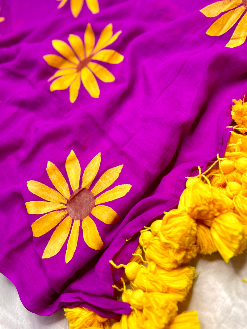 Hand Painted Cotton Saree - Electric Violet + Corn Yelow