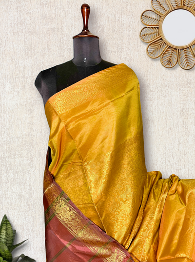 Handwoven Art Silk Saree - Golden Grass + Chestnut