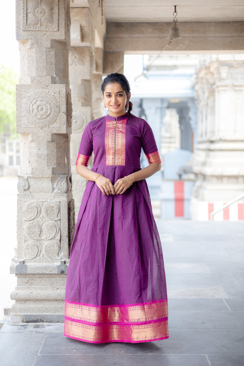 Shivani Magenta Checks Dress With Pink Border
