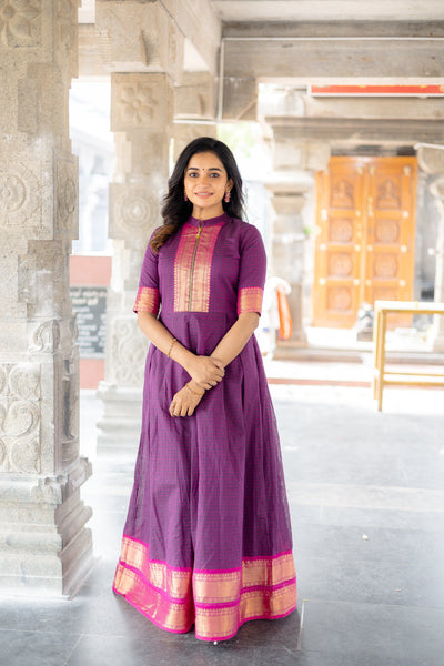 Shivani Magenta Checks Dress With Pink Border