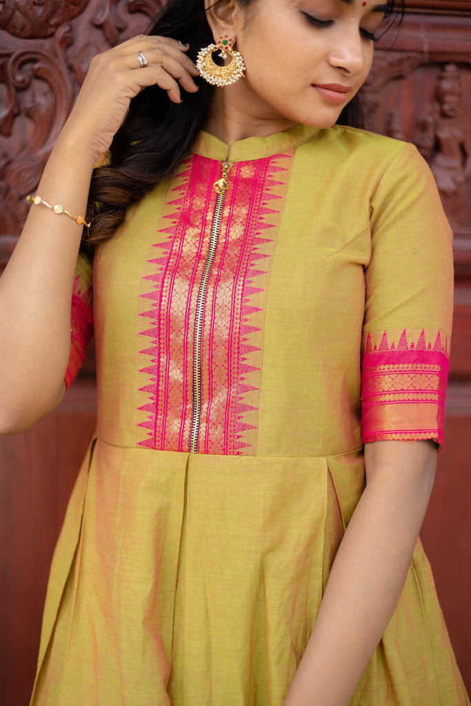 Shivani Greenish Yellow With Pink Border