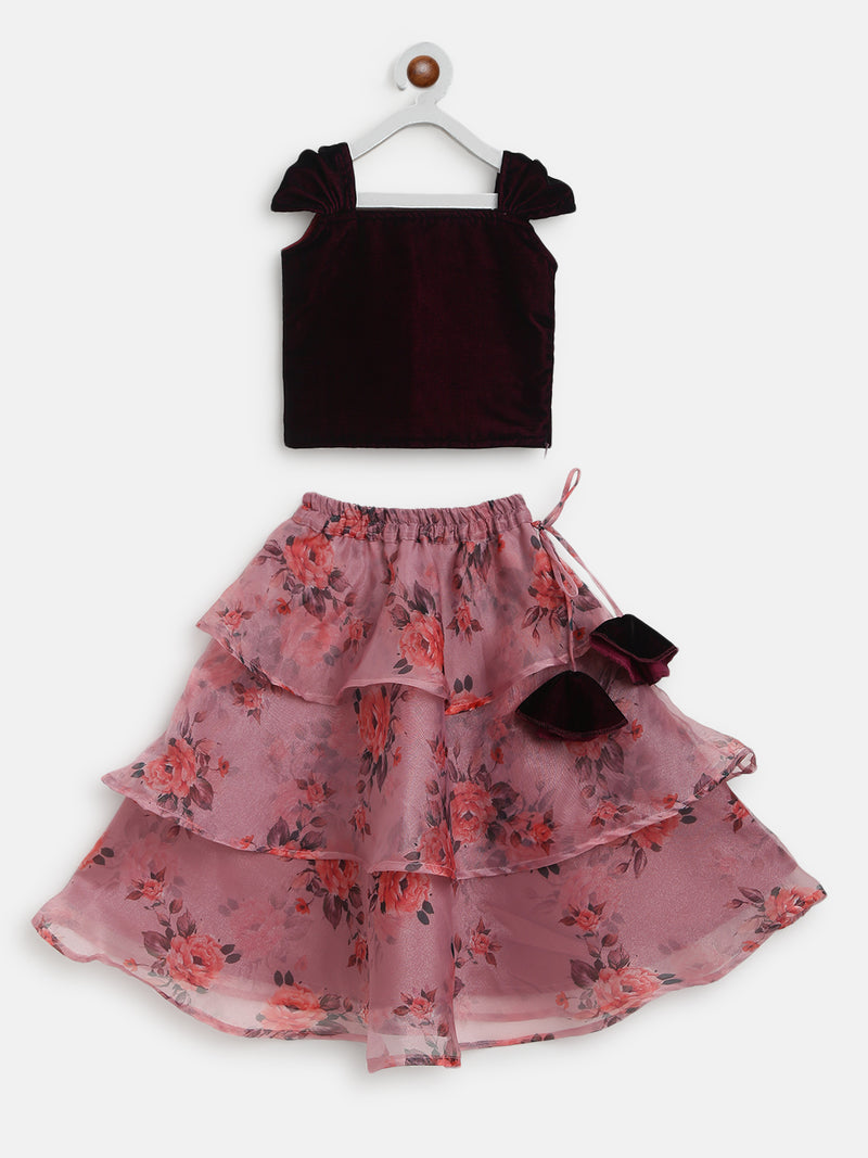 EXP - Wine Velvet Crop Top and Organza Layered Skirt