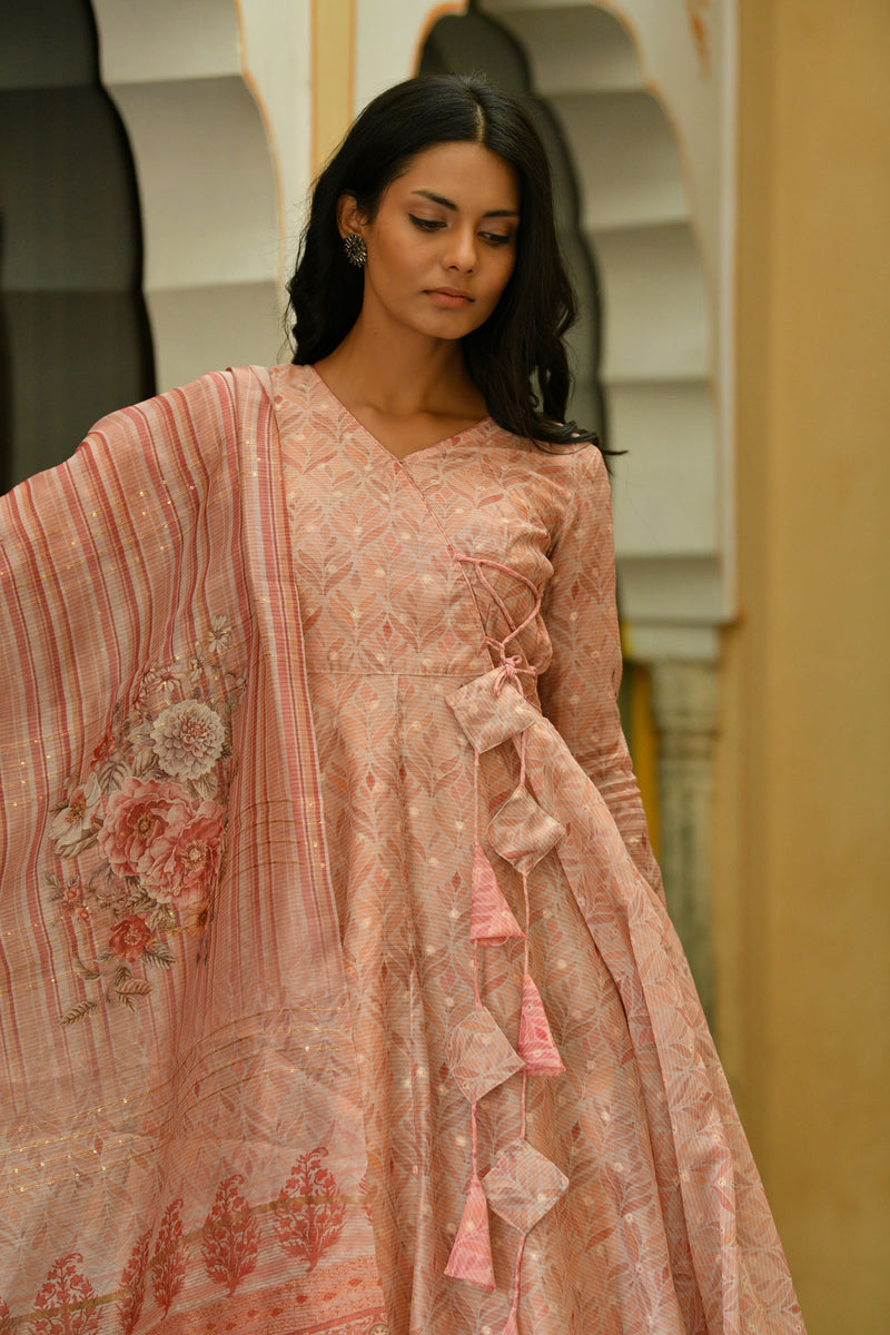 Blush Peach Dola Silk Anarkali Gown with Dupatta