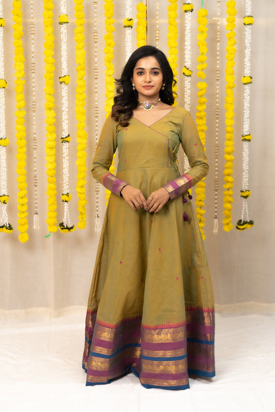 Veena Yellow Green With Magenta And Blue Border