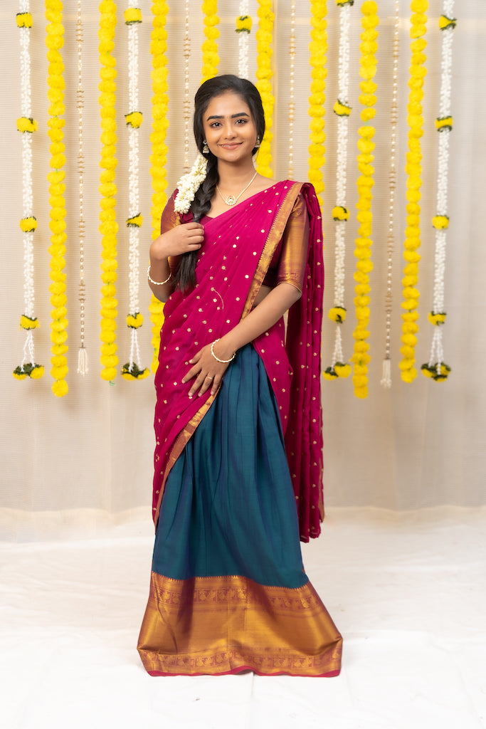 Blue Narayanapet Skirt With Magenta Half Saree