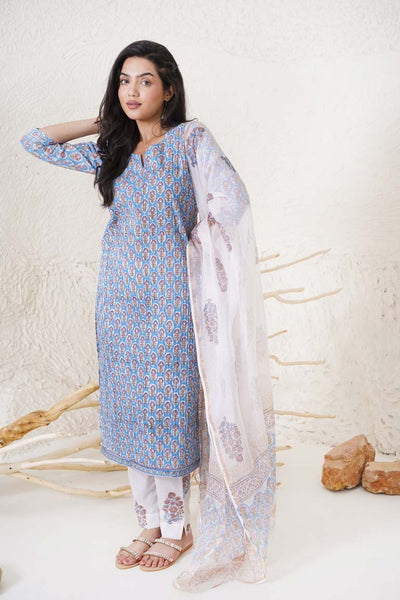 Sky Blue Buti Pintucks Kurta Set