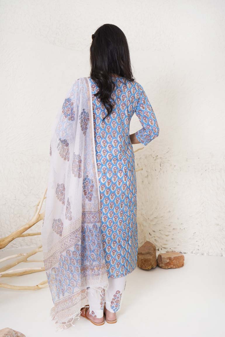 Sky Blue Buti Pintucks Kurta Set