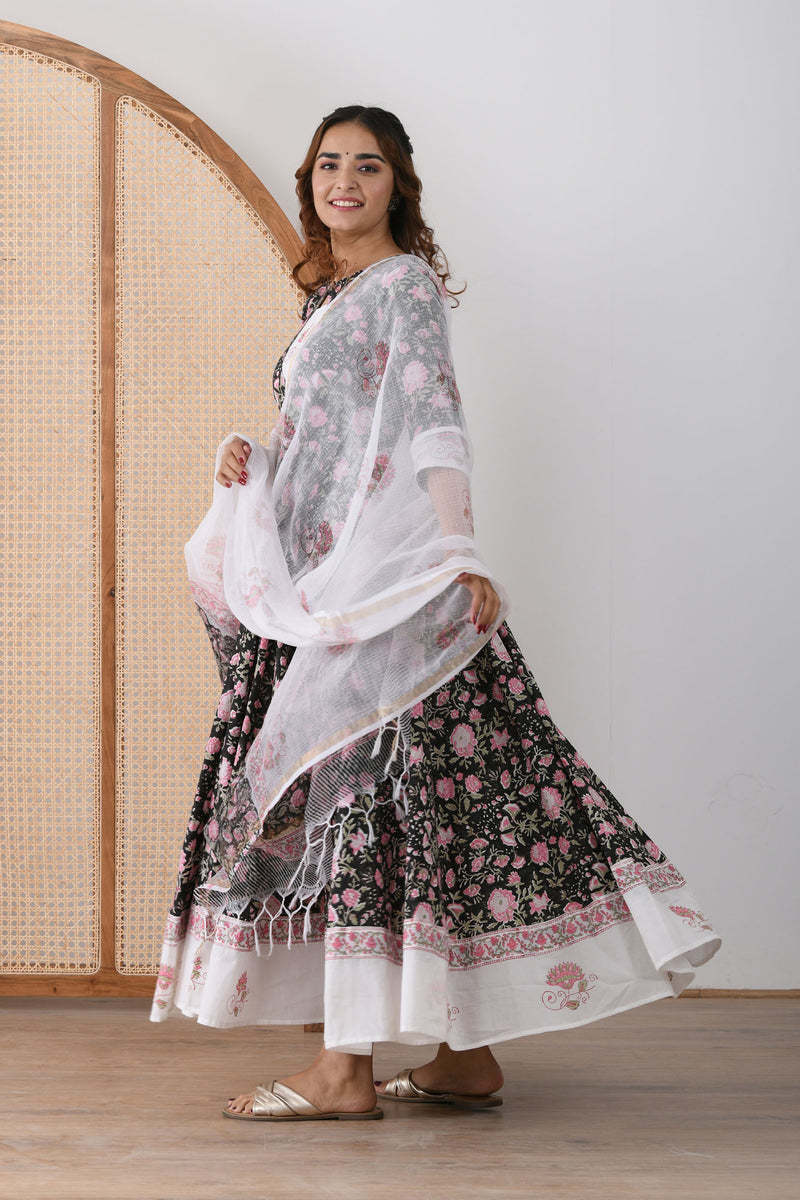 Black Floral White Buti Patch Dress with Dupatta