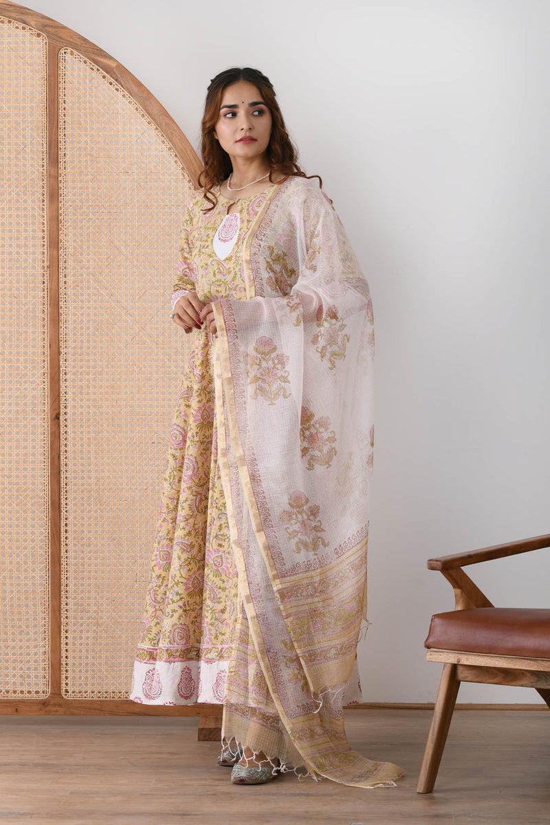 Yellow Floral White Buti Patch Dress with Dupatta